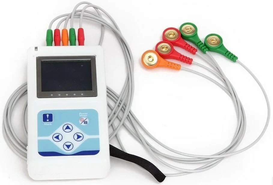 A medical device with multiple electrodes and a small screen used for monitoring patient vitals.